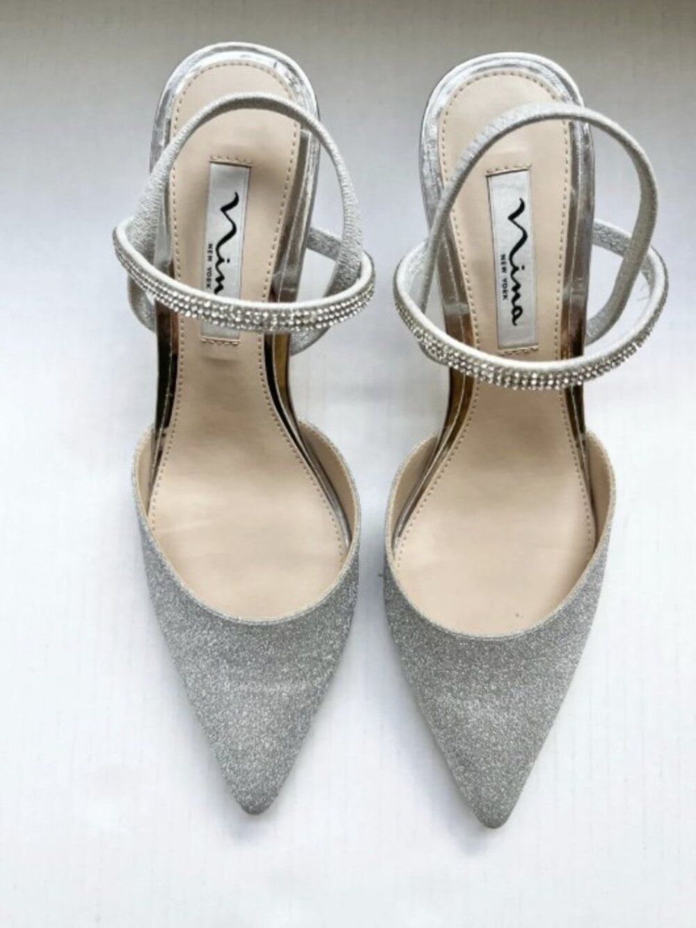 Nina Silver Glitter Pointed Toe Slingback Heels with Rhinestone Strap, Size 9M